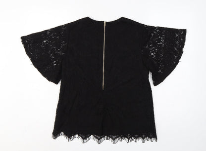 Mela London Women Black UK 10 Lace Flutter Sleeve Zip Blouse