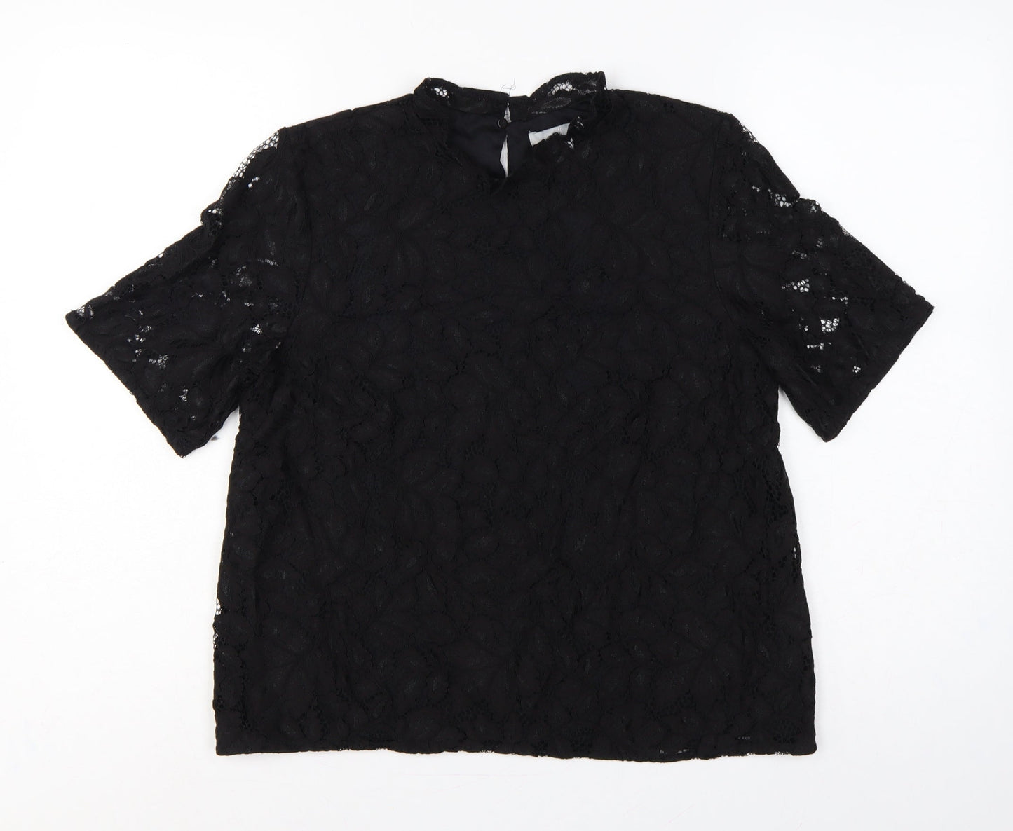 H&M Women Black UK 12 Lace High Neck Flutter Sleeve Blouse