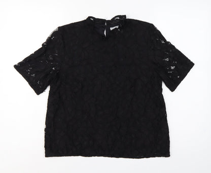 H&M Women Black UK 12 Lace High Neck Flutter Sleeve Blouse