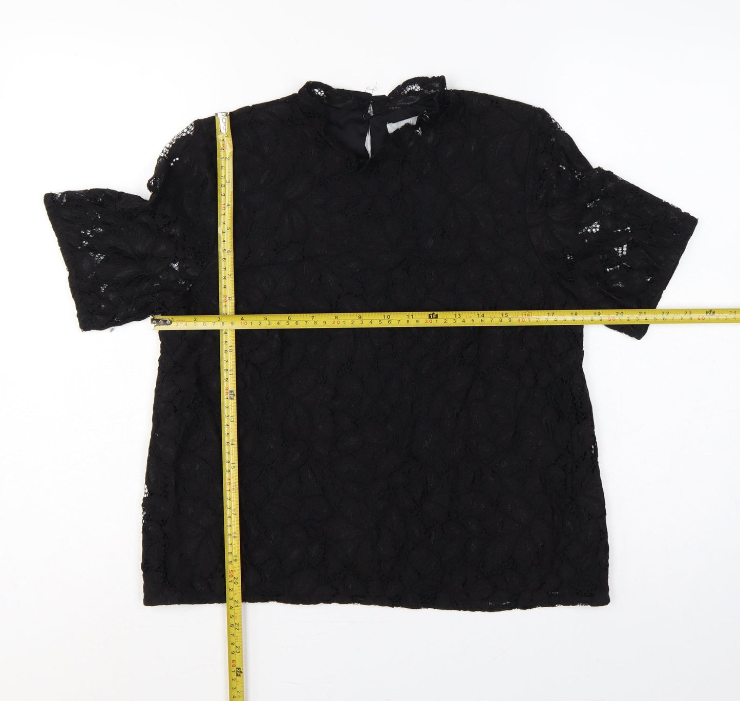 H&M Women Black UK 12 Lace High Neck Flutter Sleeve Blouse
