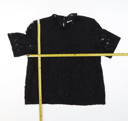 H&M Women Black UK 12 Lace High Neck Flutter Sleeve Blouse