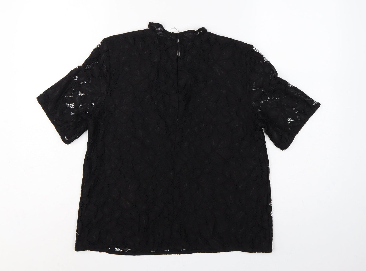 H&M Women Black UK 12 Lace High Neck Flutter Sleeve Blouse