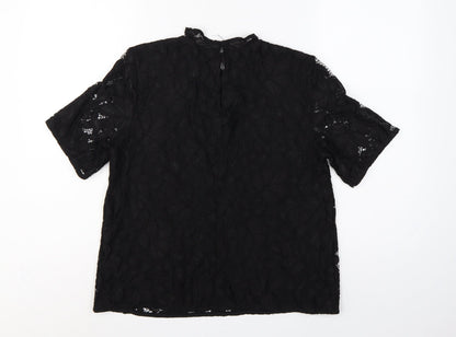 H&M Women Black UK 12 Lace High Neck Flutter Sleeve Blouse
