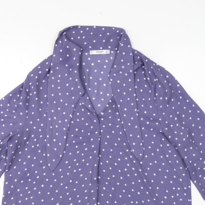 Mango Women Purple Polka Dot Wrap Tie Neck Long Sleeve Blouse M