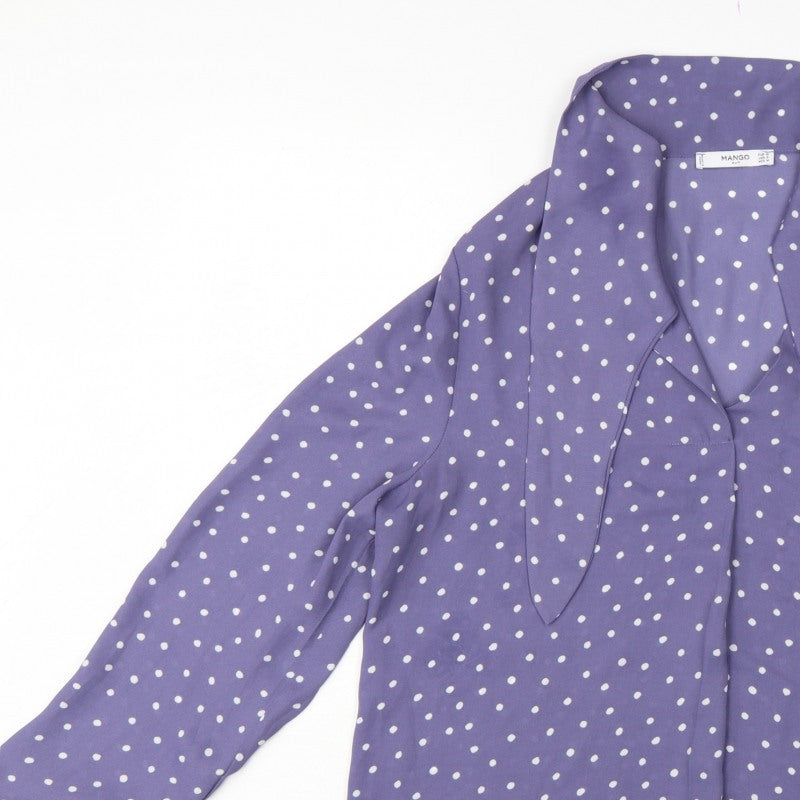 Mango Women Purple Polka Dot Wrap Tie Neck Long Sleeve Blouse M