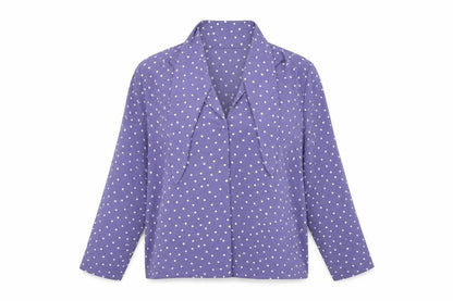 Mango Women Purple Polka Dot Wrap Tie Neck Long Sleeve Blouse M