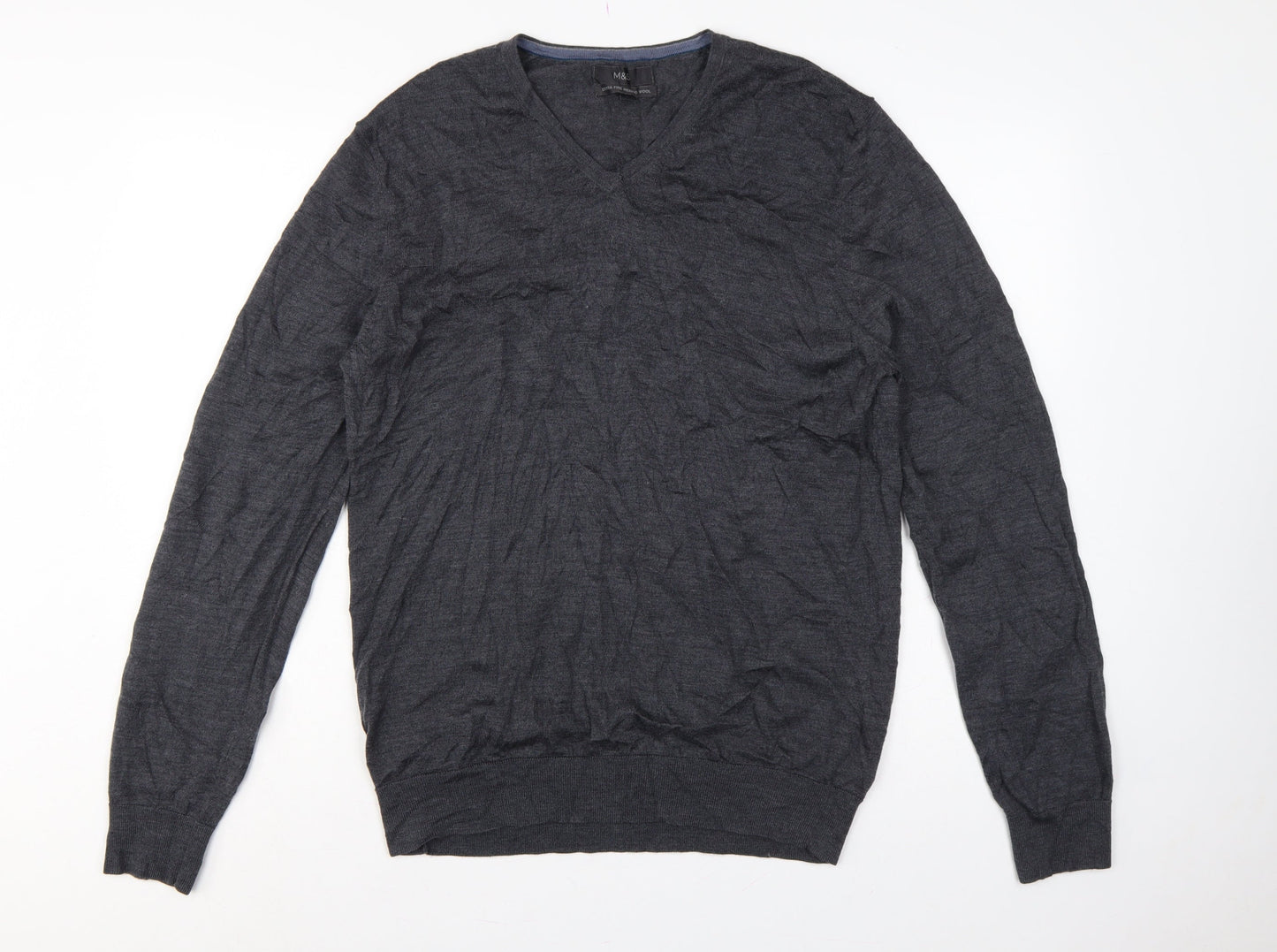 Marks and Spencer Men's Grey L Merino Wool V-Neck Pullover Jumper