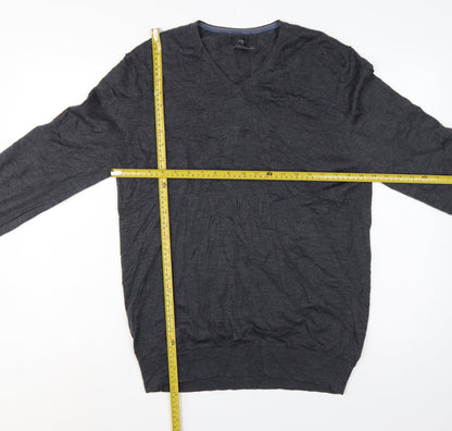 Marks and Spencer Men's Grey L Merino Wool V-Neck Pullover Jumper