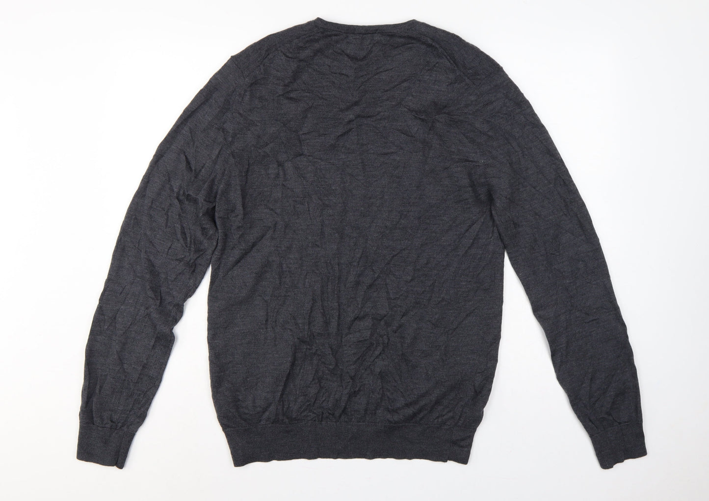 Marks and Spencer Men's Grey L Merino Wool V-Neck Pullover Jumper