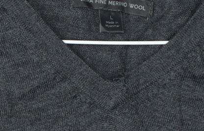 Marks and Spencer Men's Grey L Merino Wool V-Neck Pullover Jumper