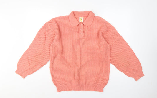 Additional front view of Clockhouse Teens Pink UK 10 Collared Henley Chunky Knit Jumper Vintage