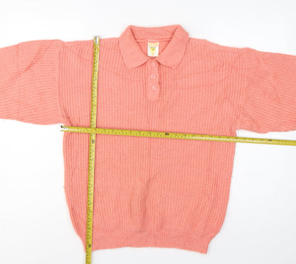 Clockhouse Teens Pink UK 10 Collared Henley Chunky Knit Jumper Vintage
