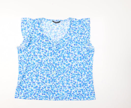 Dunnes Women Blue Floral XL Sleeveless V-Neck Button Tank Top