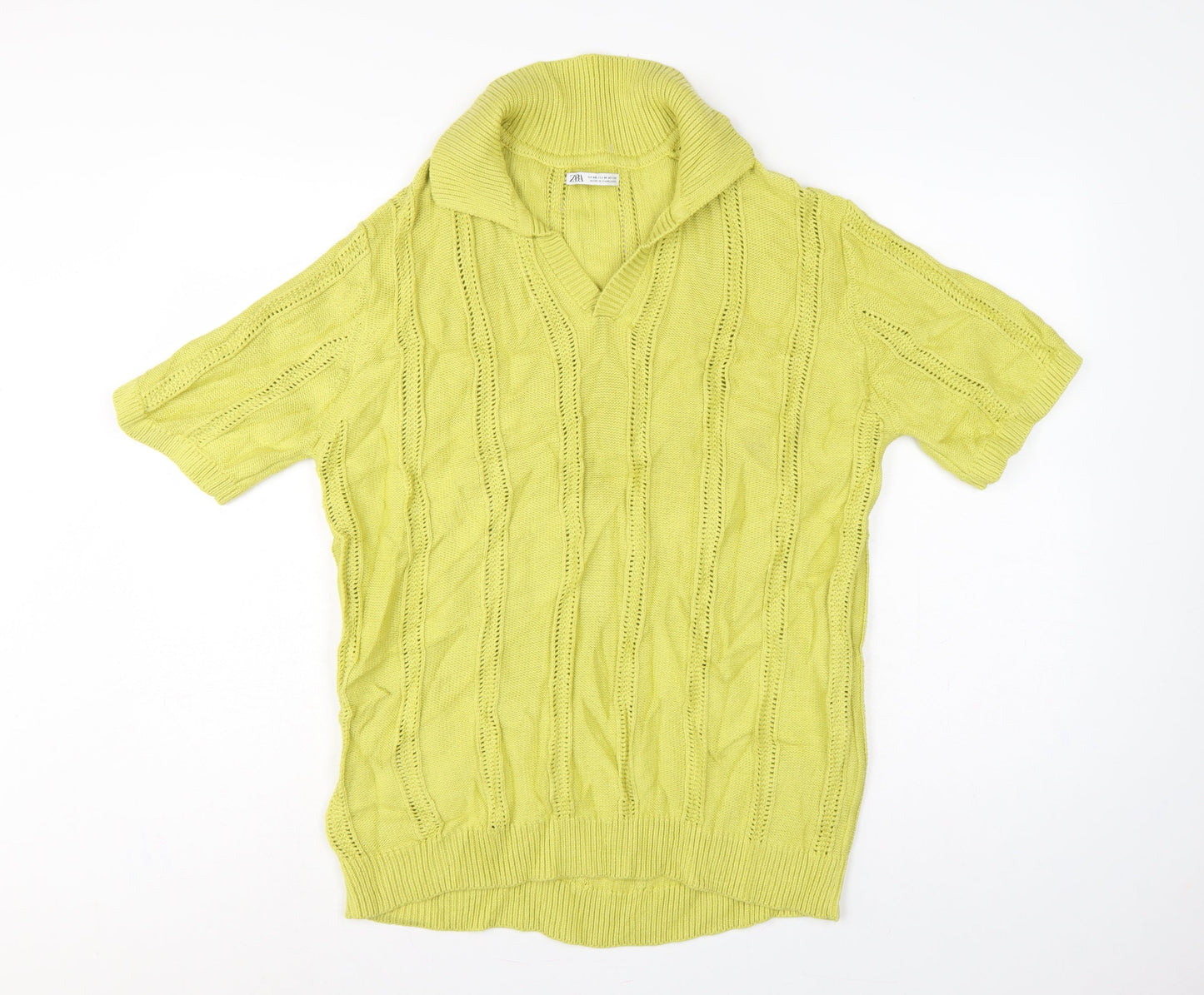 Zara Women Yellow UK 12 Collared Short Sleeve Cotton Knit Jumper