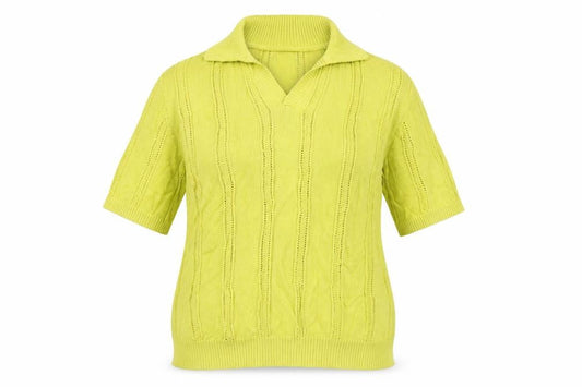 Zara Women Yellow UK 12 Collared Short Sleeve Cotton Knit Jumper