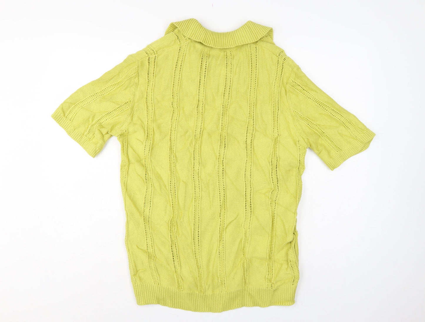 Zara Women Yellow UK 12 Collared Short Sleeve Cotton Knit Jumper