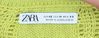 Zara Women Yellow UK 12 Collared Short Sleeve Cotton Knit Jumper