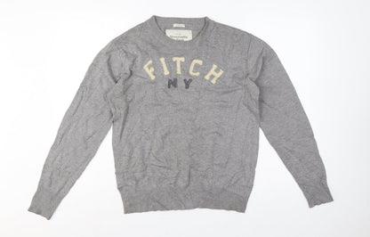 Abercrombie & Fitch Men Grey M Muscle Fit NY Logo Knit Jumper