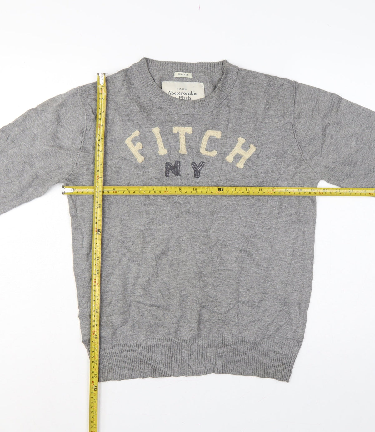 Abercrombie & Fitch Men Grey M Muscle Fit NY Logo Knit Jumper