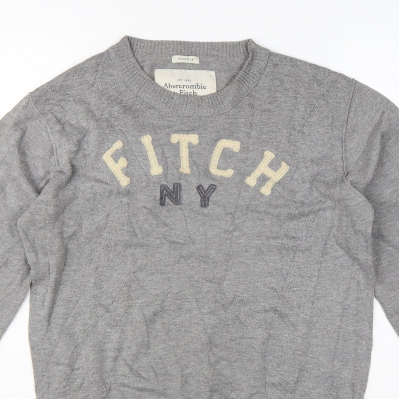 Abercrombie & Fitch Men Grey M Muscle Fit NY Logo Knit Jumper