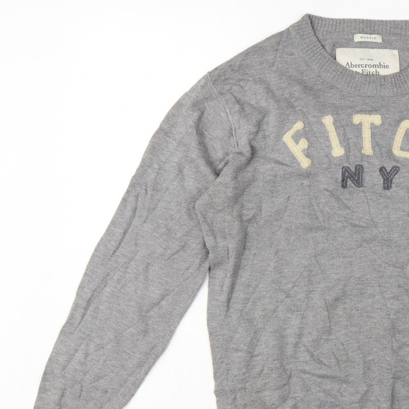 Abercrombie & Fitch Men Grey M Muscle Fit NY Logo Knit Jumper