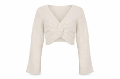 Misse x Misspap Women Ivory UK 10 Fuzzy Knit V-Neck Long Sleeve Shrug