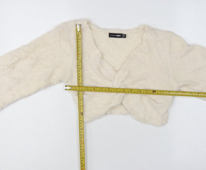 Misse x Misspap Women Ivory UK 10 Fuzzy Knit V-Neck Long Sleeve Shrug