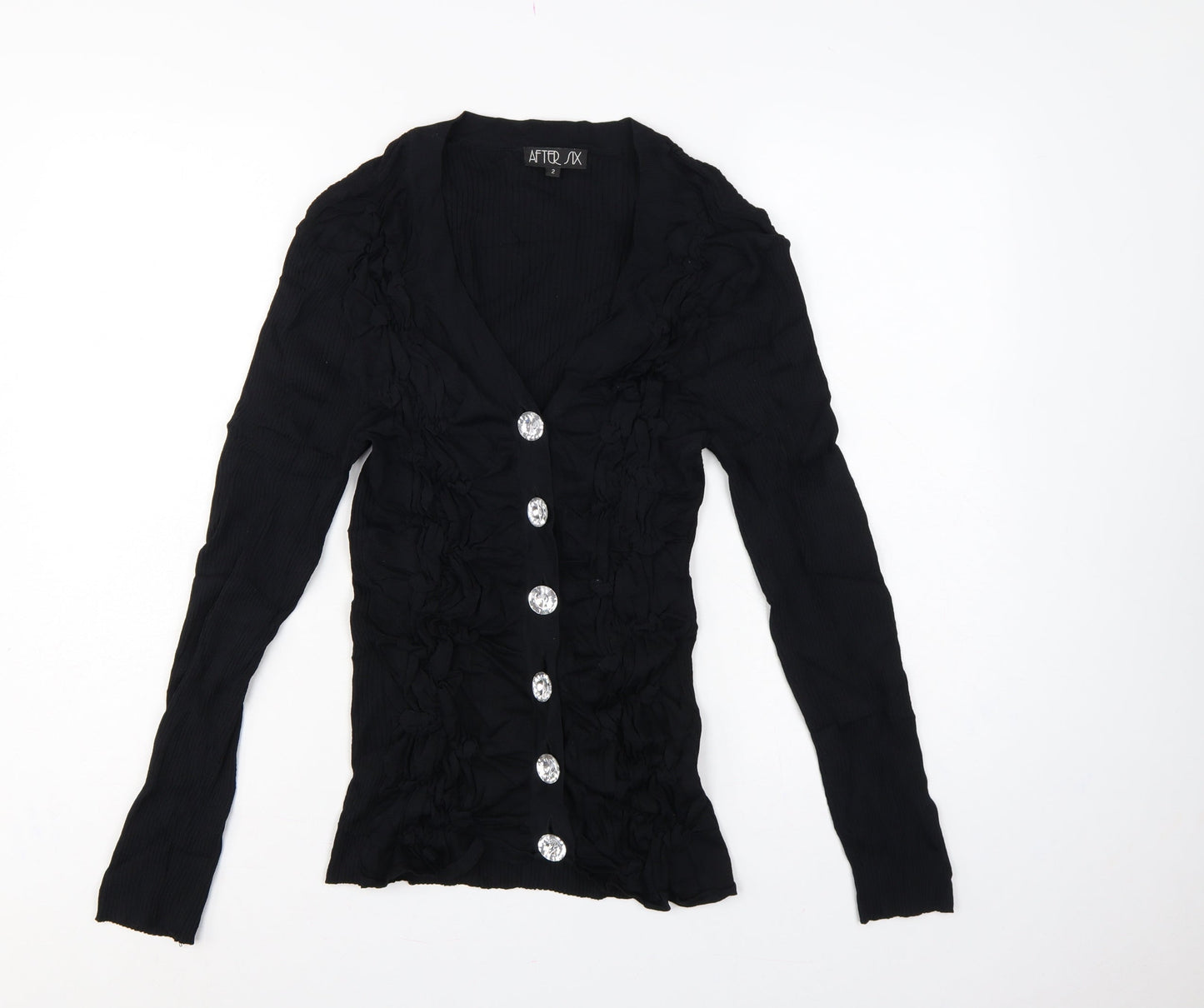 After Six Women’s Black Size 2 V-Neck Ruffle Rhinestone Cardigan