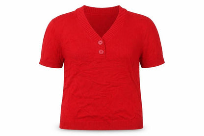 Damart Women Red XL UK 20/24 Short Sleeve V-Neck Henley Jumper