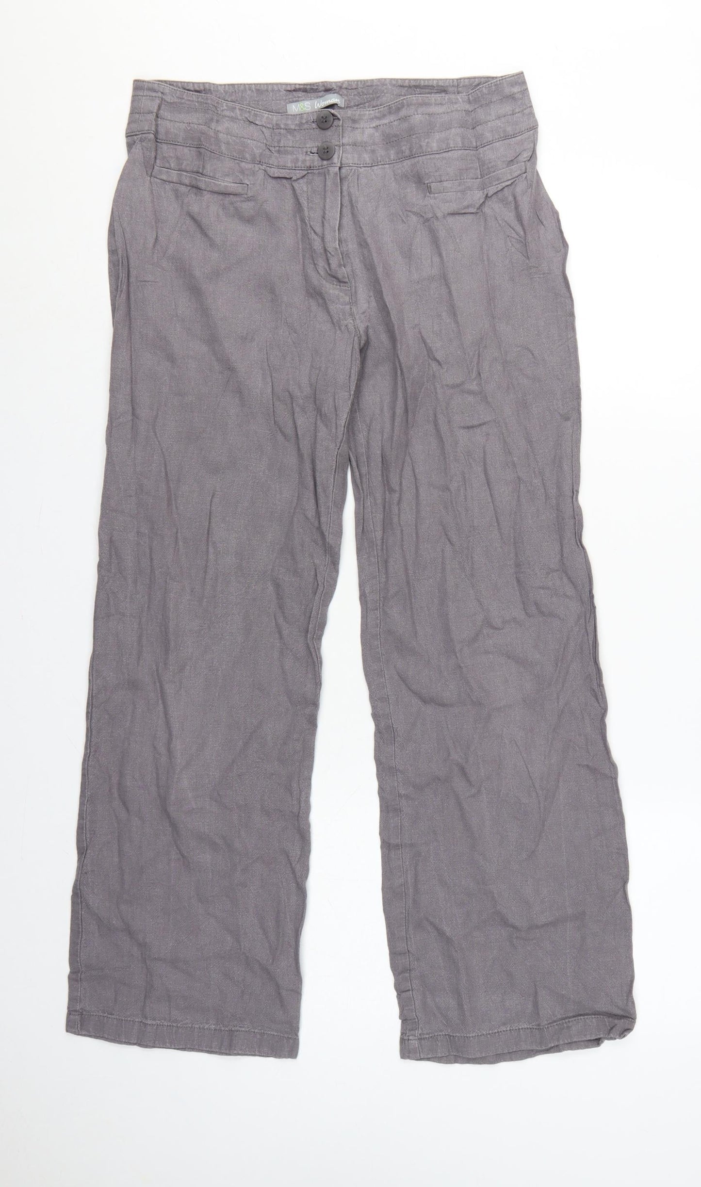Marks and Spencer Women Grey UK 12 Linen Blend Wide-Leg Trousers