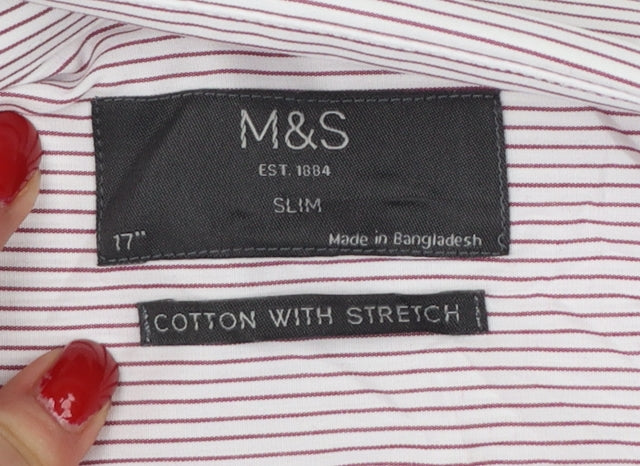 Marks and Spencer Men’s White Pink Stripe Slim Fit Shirt 17 Long Sleeve