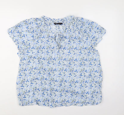 Marks and Spencer Women Blue Floral Cotton Tie Neck Blouse UK 18
