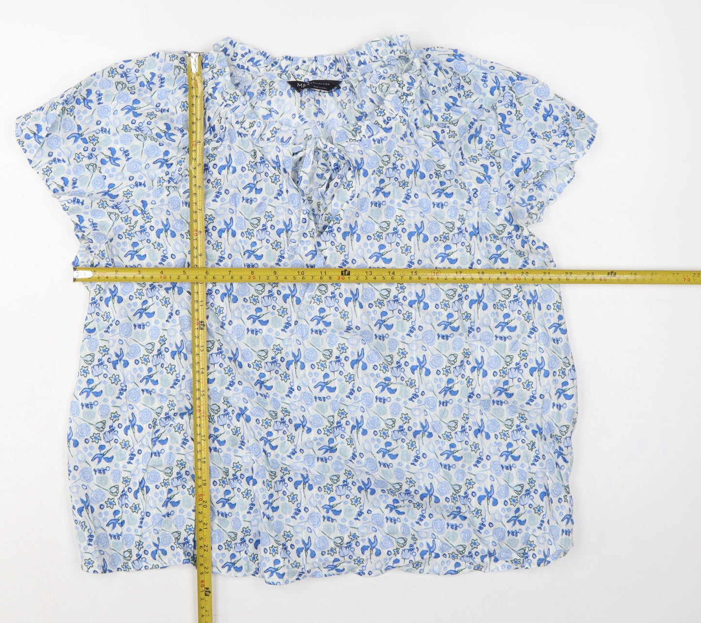 Marks and Spencer Women Blue Floral Cotton Tie Neck Blouse UK 18