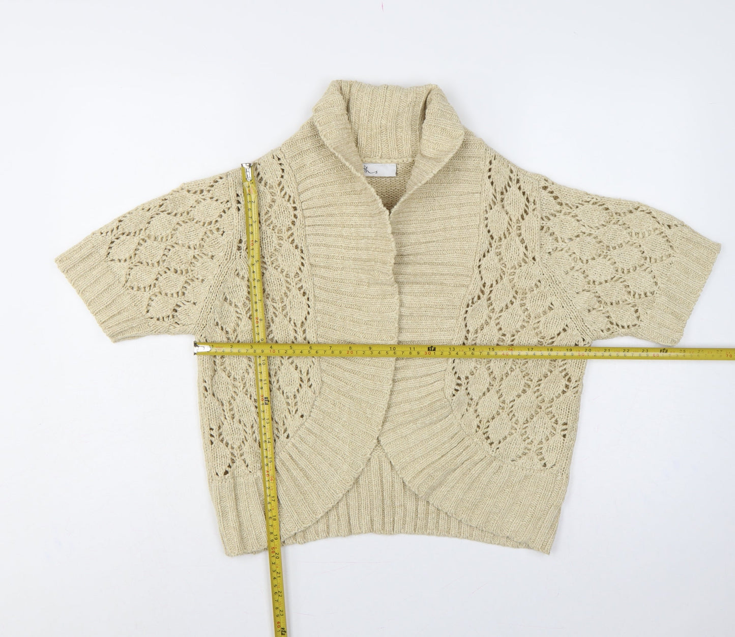 Bhs Women Ivory Size 16 Open Knit Roll Neck Short Sleeve Cardigan
