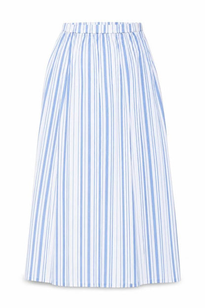 Front view of ASOS Women Blue White Stripe High Rise Long A-Line Skirt UK 8