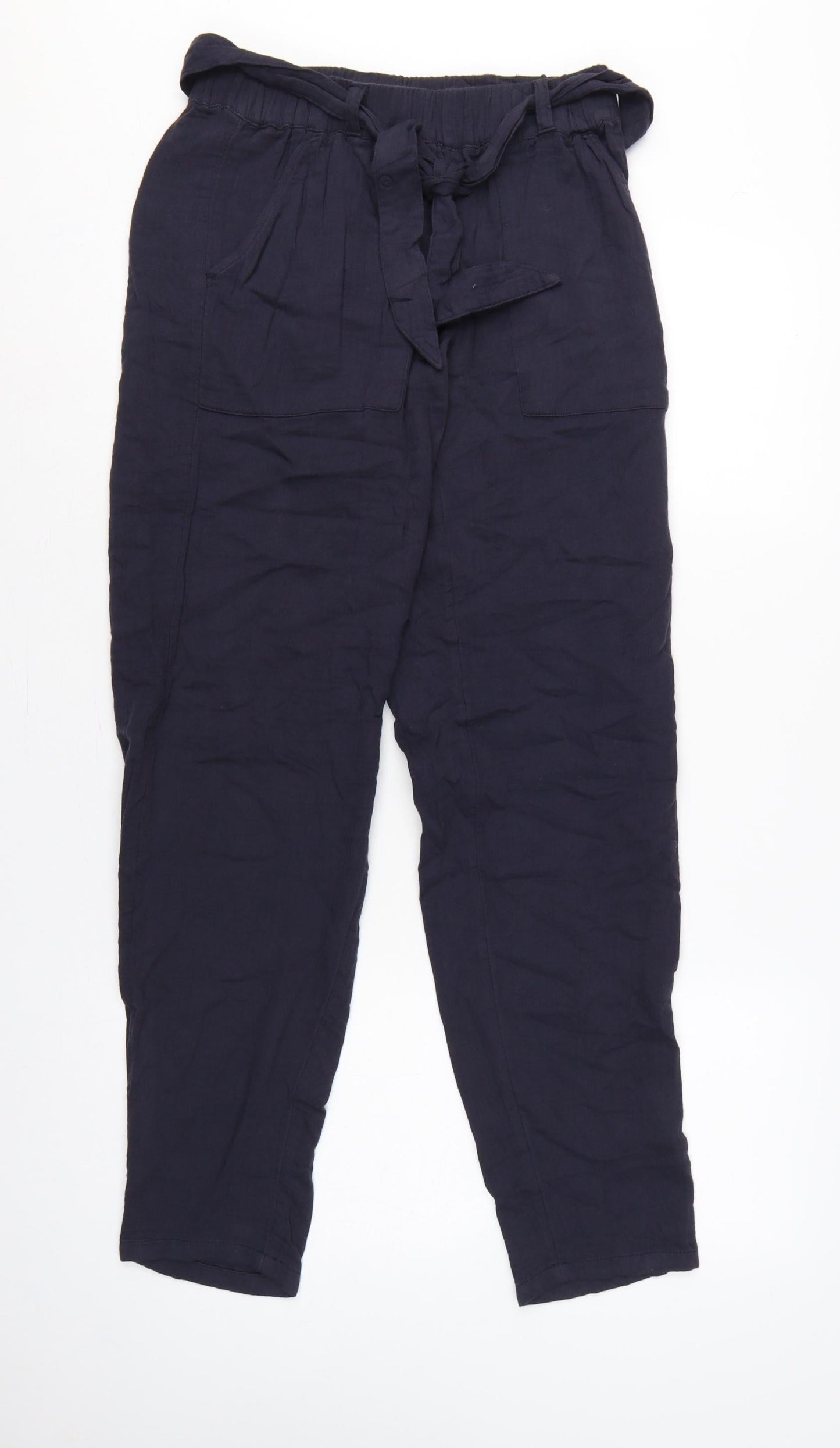 Marks & Spencer Women Navy UK 8 Paperbag Tapered Linen Blend Trousers