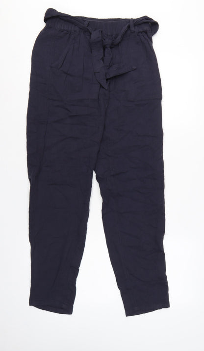 Marks & Spencer Women Navy UK 8 Paperbag Tapered Linen Blend Trousers