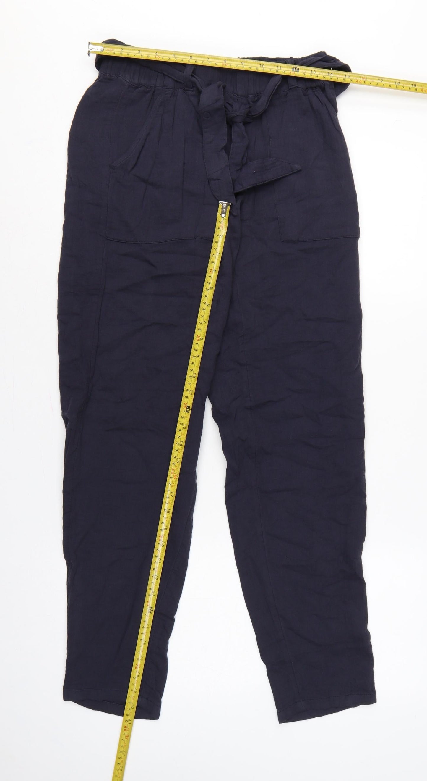 Marks & Spencer Women Navy UK 8 Paperbag Tapered Linen Blend Trousers