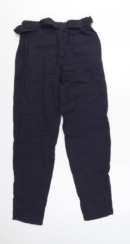 Marks & Spencer Women Navy UK 8 Paperbag Tapered Linen Blend Trousers