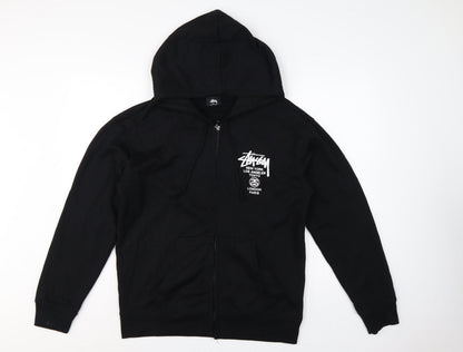 Stussy Men Black XL Full Zip Cotton Graphic Print Hoodie