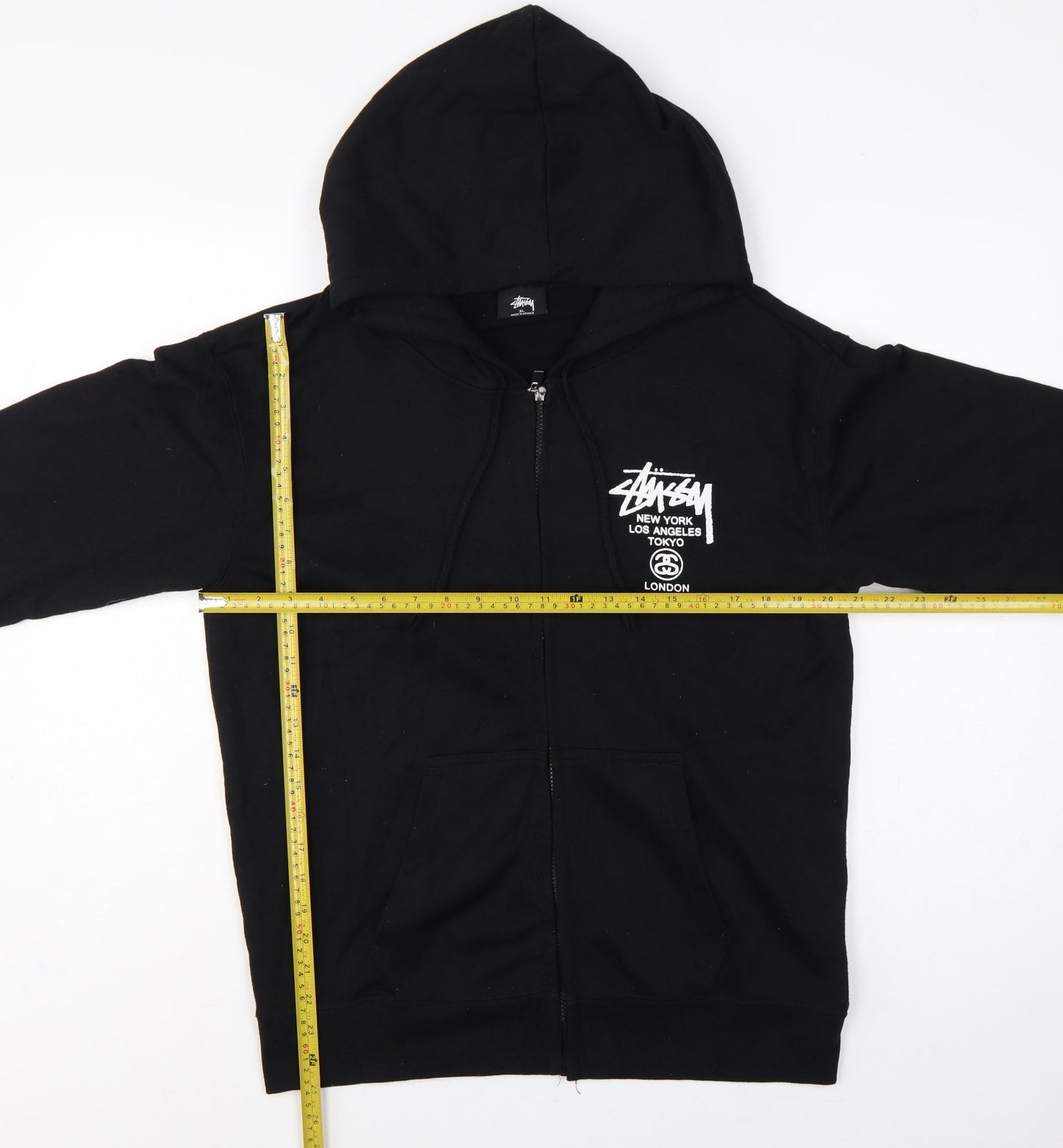 Stussy Men Black XL Full Zip Cotton Graphic Print Hoodie