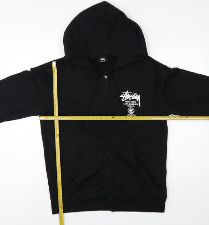 Stussy Men Black XL Full Zip Cotton Graphic Print Hoodie