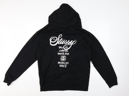 Stussy Men Black XL Full Zip Cotton Graphic Print Hoodie