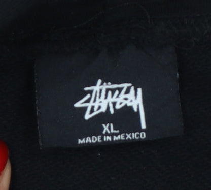 Stussy Men Black XL Full Zip Cotton Graphic Print Hoodie