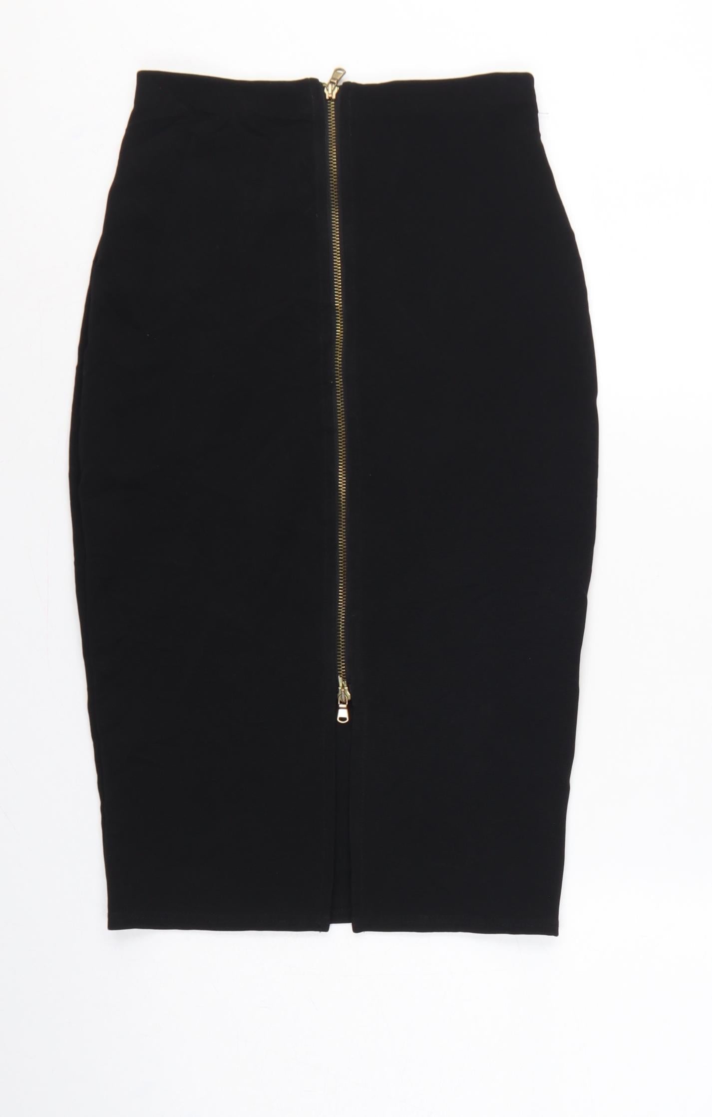River Island Women Black UK 8 Midi Pencil Skirt Gold Zip Stretch