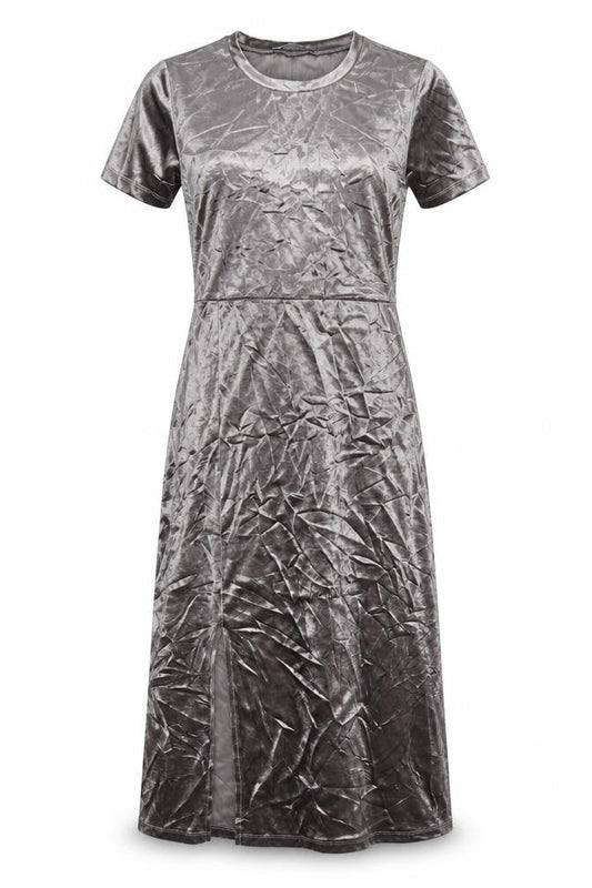 Zara Women Grey M Velour Midi Sheath Dress Short Sleeve Side Slit