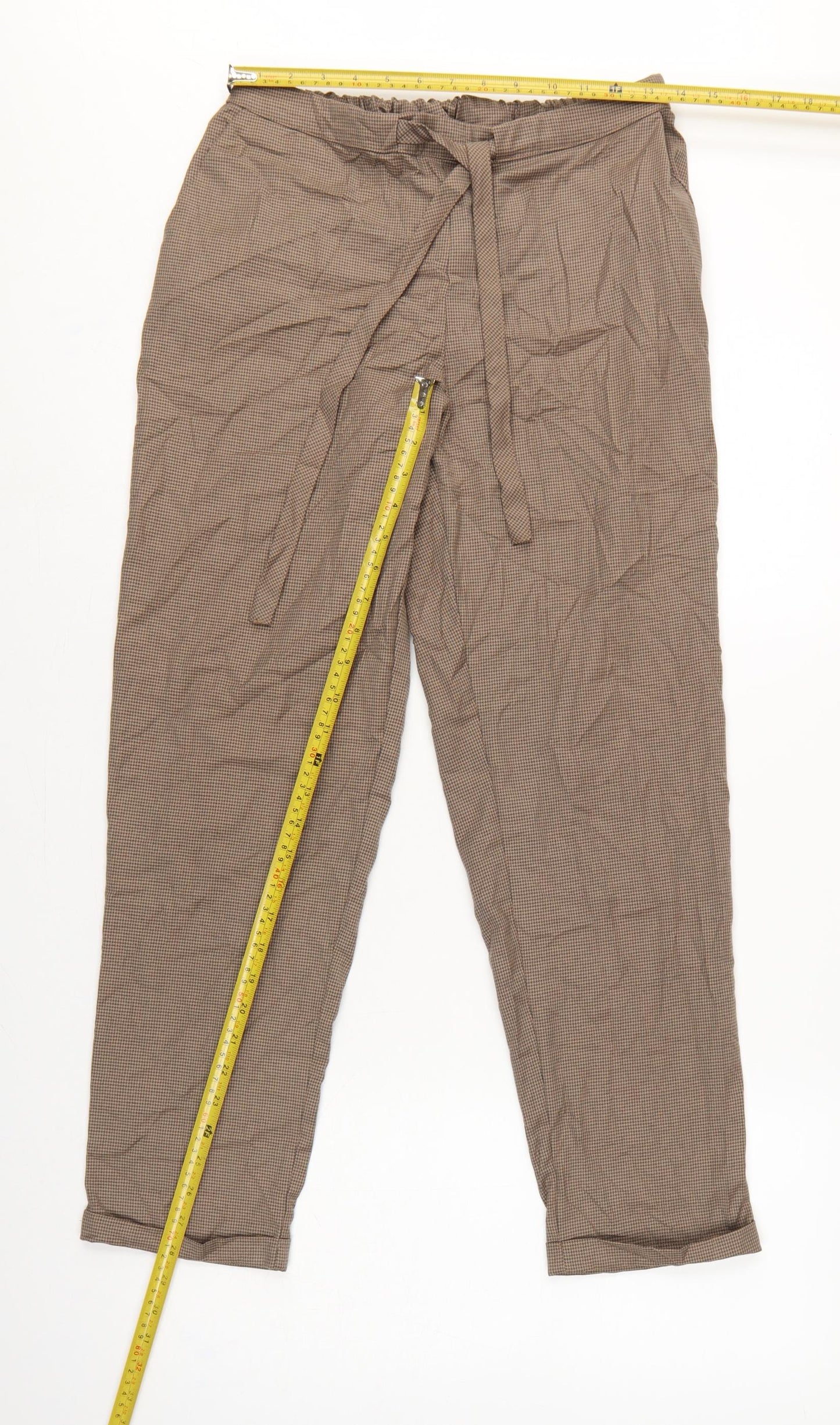 Mango Women Brown Check Paperbag Tie Waist Tapered Trousers Size M