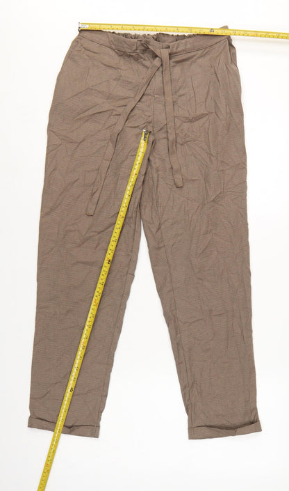 Mango Women Brown Check Paperbag Tie Waist Tapered Trousers Size M