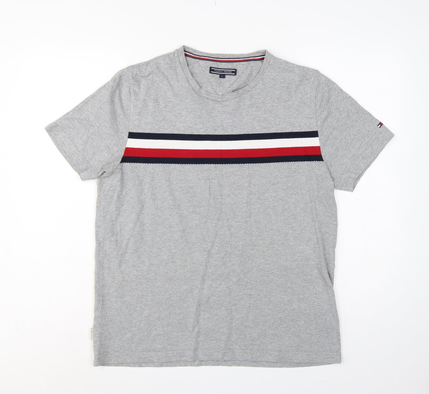 Tommy Hilfiger Men Grey L V-Neck Stripe Logo T-Shirt