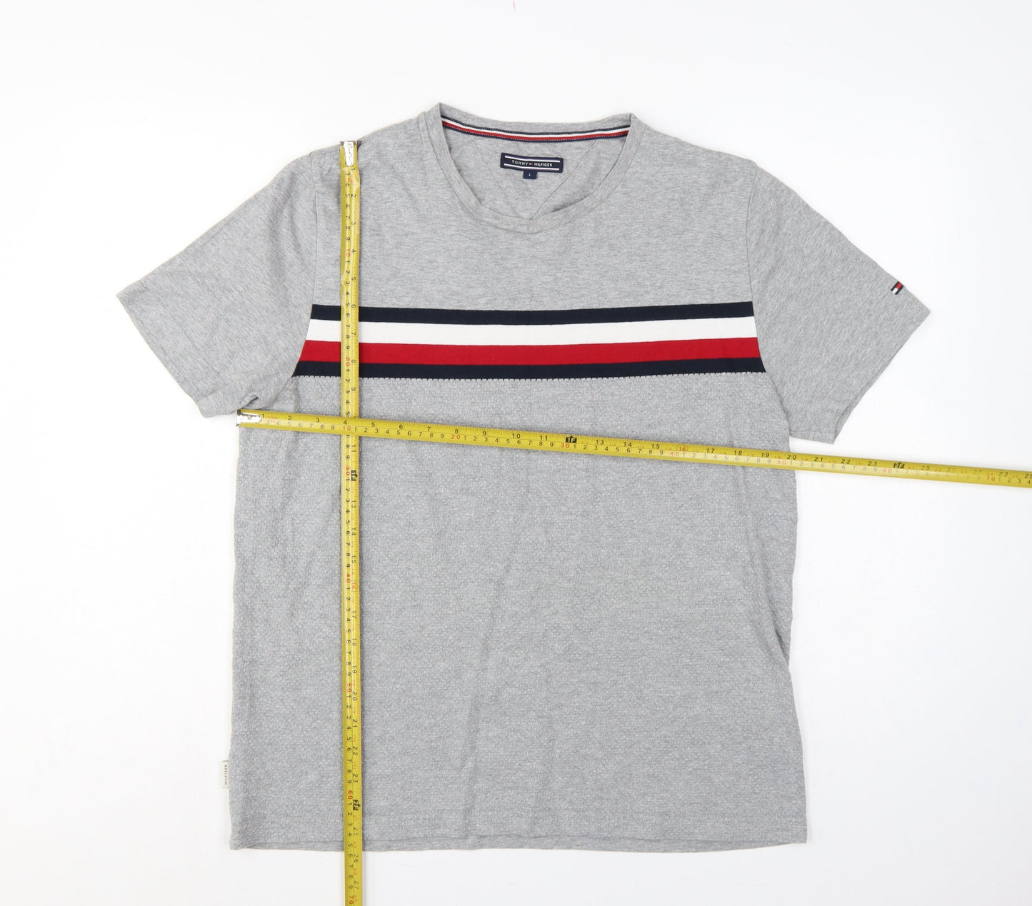 Tommy Hilfiger Men Grey L V-Neck Stripe Logo T-Shirt